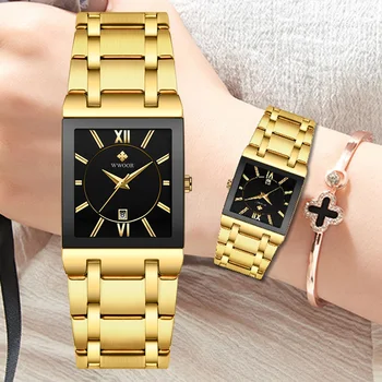 WWOOR Sieviešu Rokassprādze Pulksteņu Top Zīmola Luksusa Zelta Black Kvarca Skatīties Sieviešu Modes Laukumā Dāmas Kleita Rokas pulksteni Reloj Mujer