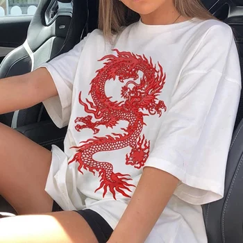 Ķīniešu Stilā Pūķis Iespiesti Lielgabarīta T Sievietēm Harajuku Gadījuma Zaudēt Tee Kreklu Femme Īsām Piedurknēm Kokvilnas T-krekls