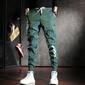 Apžilbināt Krāsu Atstarojošu Kravas Bikses Vīriešu Skaists Joggers Gadījuma Streetwear Aukliņu Bikšu