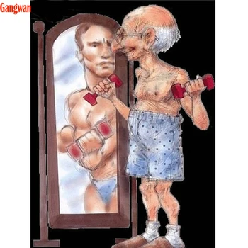 Dimanta krāsošana vecs vīrietis spogulī,dimanta izšuvumi spēcīgs cilvēks 5d pilna urbi, kvadrātveida, apaļas dimanta mozaīkas rhinestone