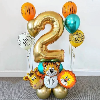 HUHULE 18pcs Džungļu Safari Balonu Komplekts 32Inch Numuru Ballons Dzīvnieku Galvas, Folija Baloon 1 2 3 Gadus Veciem Bērniem Dzimšanas dienas ballīti Deco