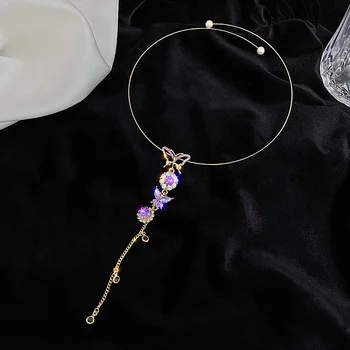 Jaunā Korejiešu Elegants Metāla Kārtas Ķēdes Sānslīdi Kaklasaite Rotaslietas Sievietēm, Meitenēm Modes Purpura Crystal Butterfly Kaklarota