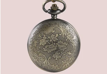 Moderns vintage bronzas stūre ar melnā zelta virsmas atveriet vāciņu, kabatas pulkstenis ar ķēdi
