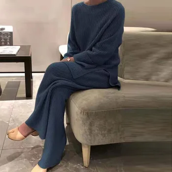 Modes Sievietes Mīksto Homewear 2 Gabals, kas Elegants O Kakla Džemperi, Topi un Trikotāžas Bikses Cietā Rudens Ziemas Dāma Pidžamas Mājas Tērps