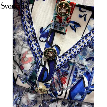 Svoryxiu Skrejceļa Dizainers Vasarā Divas Gabals, kas Sieviešu Modes Zili Baltā Drukā Īsām Piedurknēm Blūze + Bikses Komplektus