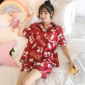 2020. gada Vasaras Īsām Piedurknēm Zīda Satīna Bikses, Pidžamas Komplekti Sievietēm Drukāt Sleepwear Uzvalks Pidžamas Homewear Pijama Mujer Mājas Drēbes