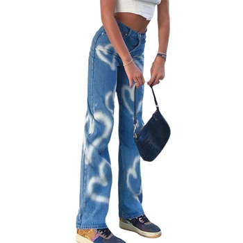 2021New Modes Dāmas Sirds Formas Drukas Grafiti Džinsi Modes Dāmas Slim Augsta Vidukļa Biksēm Taisni Gadījuma Ielas Stila Džinsi,