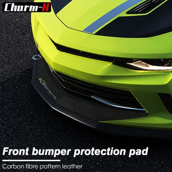 Automašīnas Priekšējā Bufera Lūpu PU Ādas Bufera Apdare Oglekļa Šķiedras Raksts Aizsargs Svītru Uzlīme par Chevrolet Camaro 2016-2019