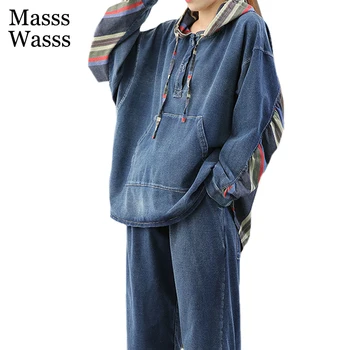 Masss Wasss Korejiešu Modes Dizaineris Dāmas Svītrainām Džinsa Divi Gabali Komplekti Sieviešu Kapuci Topi Un Elastīga Harēma Bikses Plus Lieluma