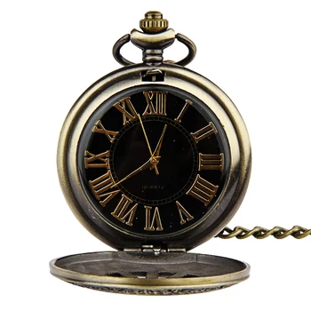 Moderns vintage bronzas stūre ar melnā zelta virsmas atveriet vāciņu, kabatas pulkstenis ar ķēdi