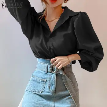 Modes Sieviešu Blūze ZANZEA 2021. gada Rudenī OLA Puff Piedurknēm Krekli Ikdienas Cietā Atloks Apkakli Topi Dāmas Zaudēt Blusa Femme Oversize