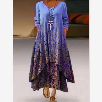 Sieviešu Apģērbu Pavasara Vasaras 2021 Plus Izmēra 5xl Elegants Ziedu Drukāt garām Piedurknēm Vintage Asimetrisko Hem Gadījuma Brīvs Kleita