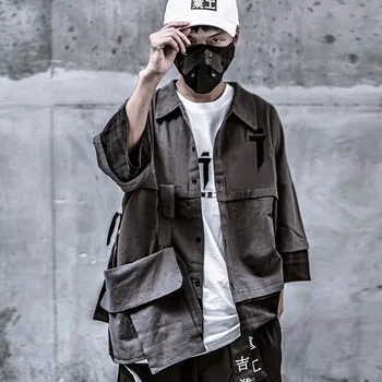 Techwear Japāņu Vēstuli Izšūtām Kabatām Hip Hop Kravas Krekli Vīriešu Retro Vasaras Gadījuma Streetwear Blūzes Vintage Jaku