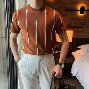 Augstas Kvalitātes Vasaras Īsām Piedurknēm Adīts T Krekli Vīriešu Apģērbs Ir 2021. Vienkāršu O-veida Kakla Slim Fit Gadījuma Svītrains t-veida Krekls Homme 3XL-M