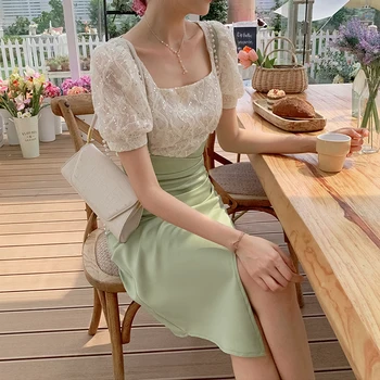 Ir 2021. Vasaras Franču Mežģīnes Vintage Kleita Sievietēm Dizaina Korejiešu Stilā Laukumā Collor Īsām Piedurknēm Midi Kleitu Sievietes 2 Gabals, Kas Šiks