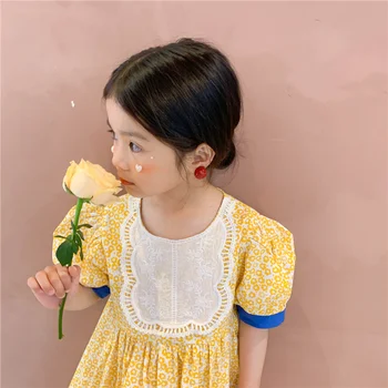 Ir 2021. Vasaras korejiešu stilā Jaunas Meitenes Ziedu Mežģīnes Raibs Princese Kleitas Toddler Bērniem Kokvilnas ar Īsām Piedurknēm Kleita