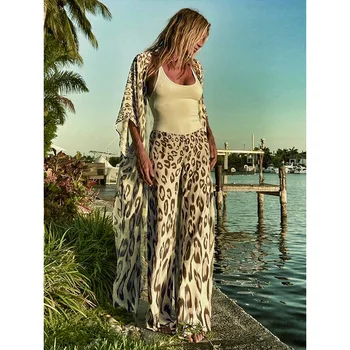 Jaunā Pludmales Cover up Šifona Leopards Drukāt Pludmales Apģērbu Komplekti Kaftan Pār lielums Kimono Beachwear Pareo Kleitas, Peldkostīmu slēpt