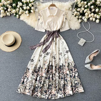 Modes Dizainere Vasaras Īsām Piedurknēm Ziedu Drukāt Midi Krekls Kleitas Sievietēm Ir 2021. Mežģīnes Up Vintage Aline Gadījuma Svētku Drēbes