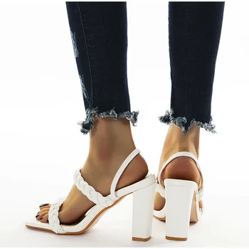 Modes Sieviešu Sandales Kroku PU Ādas augstpapēžu kurpes Dāmas Sūkņi Kvadrātveida Kājām Vasarā Elegants Sexy Puse Kurpes Ir 2021. Plus Lieluma 42