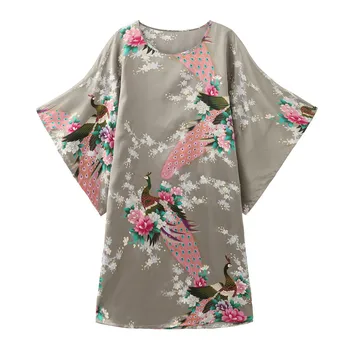 Pāvs Vintage Sieviešu Drēbes Naktsveļu Kimono Kleita Sleepwear Lounge Satīns Print Mājas Apstākļos, Peldmētelis Naktskrekls Intīmas Apakšveļa