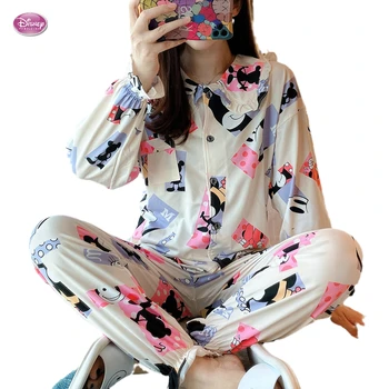 Rudenī Sieviešu Pidžamas Komplekts Dziedātāja Pogu Dizaina Mickey Mouse Drukāt Sleepwear Mājas Drēbes, 2 gab. Komplekts Naktsveļu Pyjama Disney