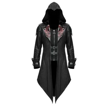 Steampunk Gothic Smokings Uzrakt Mētelis Savukārt Apkakle Kapuci Ādas Saskan Jaka Assassin Tērpu Halloween Plus Lieluma Vīriešiem