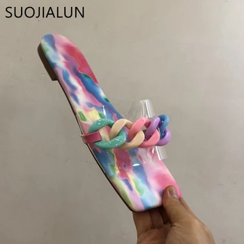 SUOJIALUN 2021. gada Vasarā Sievietēm Tupele Modes PVC Caurspīdīga Āra Pludmales Slaidi Ķēdes Plakana Papēža Gadījuma Flip Flop Liela Izmēra 41