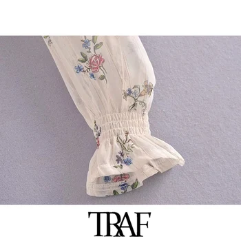 TRAF Sieviešu Modes Ziedu Drukāt Mežģīņu Apgriezts Blūzes Vintage garām Piedurknēm Smocked Hem Sieviešu Krekli Blusas Šiks Topi