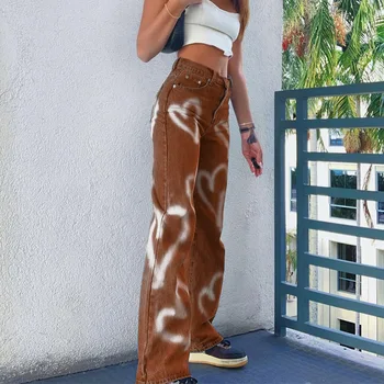 2021New Modes Dāmas Sirds Formas Drukas Grafiti Džinsi Modes Dāmas Slim Augsta Vidukļa Biksēm Taisni Gadījuma Ielas Stila Džinsi,