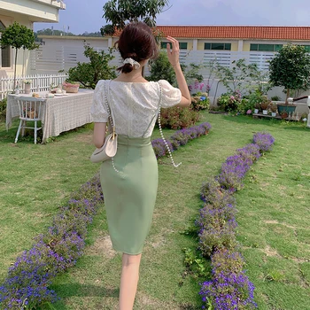 Ir 2021. Vasaras Franču Mežģīnes Vintage Kleita Sievietēm Dizaina Korejiešu Stilā Laukumā Collor Īsām Piedurknēm Midi Kleitu Sievietes 2 Gabals, Kas Šiks