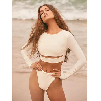 Ir 2021. Vasaras Garām Piedurknēm Peldkostīms Sievietēm Augsta Vidukļa Bikini Tanga Push Up Peldkostīmi Sexy Beach Kleita Peldkostīms Plus Lieluma Mayo