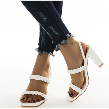 Modes Sieviešu Sandales Kroku PU Ādas augstpapēžu kurpes Dāmas Sūkņi Kvadrātveida Kājām Vasarā Elegants Sexy Puse Kurpes Ir 2021. Plus Lieluma 42