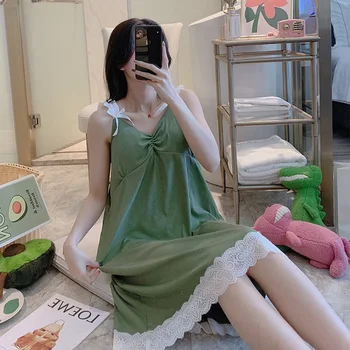 Sieviešu Vasaras Nightgowns bez Piedurknēm Sexy Mežģīņu Gadījuma Sleepwear ar Polsterētām Raibs Vienkārša Sieviete Nightdress Sleepshirts korejiešu