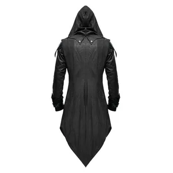 Steampunk Gothic Smokings Uzrakt Mētelis Savukārt Apkakle Kapuci Ādas Saskan Jaka Assassin Tērpu Halloween Plus Lieluma Vīriešiem
