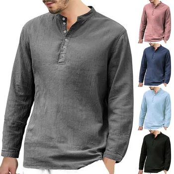 Vīriešu Krekls Kokvilnas Veļa tīrtoņa Krāsu Stand Apkakli, garām Piedurknēm Krekls Smart Casual Vīriešu Blūze Plus Izmērs S/M/L/XL/XXL