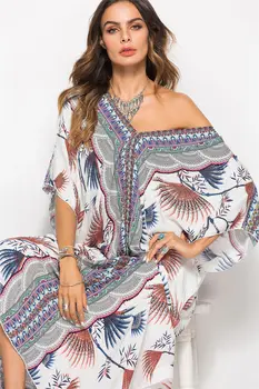 Jaunu Iespiesti Bohēmijas Sieviešu Maxi Kleita Plats Piedurkņu Holiday Beach Valkāt Modes Abaya Dubaija Marokas Kaftan Drēbes Vestidos Dea