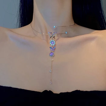 Jaunā Korejiešu Elegants Metāla Kārtas Ķēdes Sānslīdi Kaklasaite Rotaslietas Sievietēm, Meitenēm Modes Purpura Crystal Butterfly Kaklarota